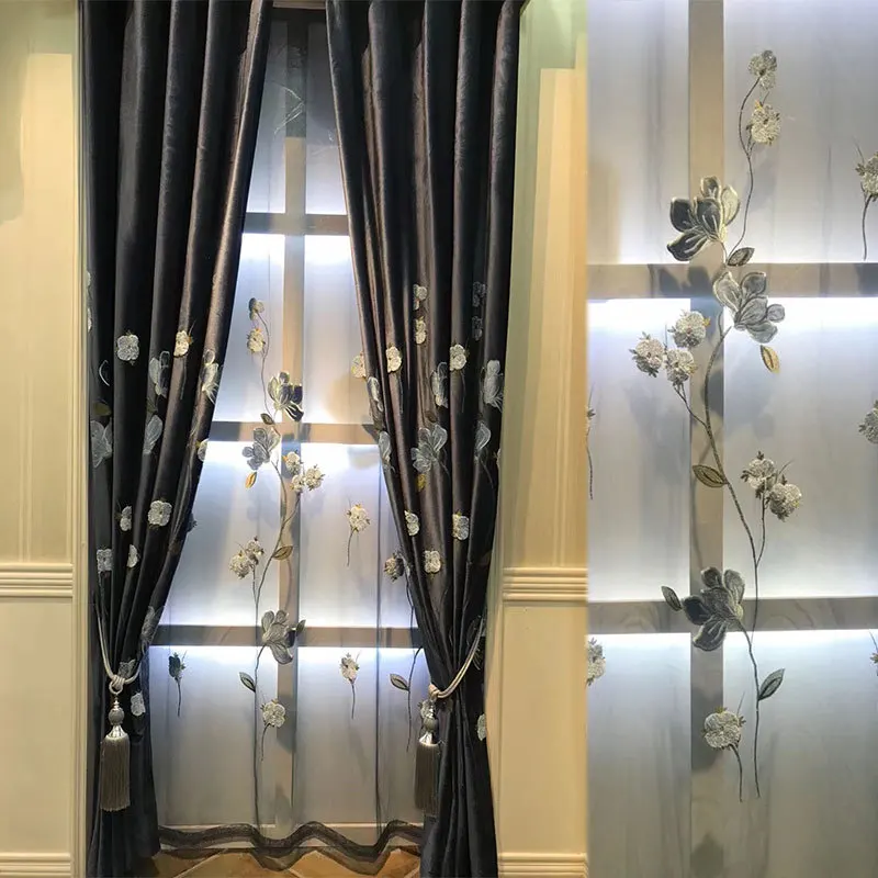 

Custom curtains High grade European shading flannel stereoscopic embroidered bedroom cloth blackout curtain tulle drape M755