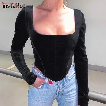 

InstaHot velvet t shirt for women black blue asymmetric hem square collar crop tops 2020 elegant autumn office lady tee tops