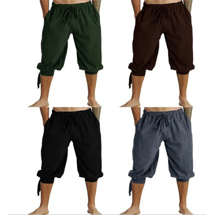 Steampunk Men Cropped Pants Renaissance Pirate Capri Trousers Medieval ...