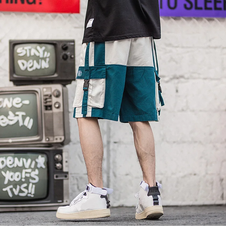 Harajuku шорты Цвет блок летняя одежда в стиле «хип-хоп» и перевозки грузов короткие уличная Для мужчин спортивные шорты короткие карманы хлопок Повседневное тренировочные брюки в стиле "хип-хоп"