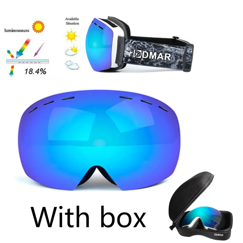DMAR ski goggles spherical anti-fog Protection double layers keep warm big lenses glasses men women snow goggles skating - Цвет: Blue with box