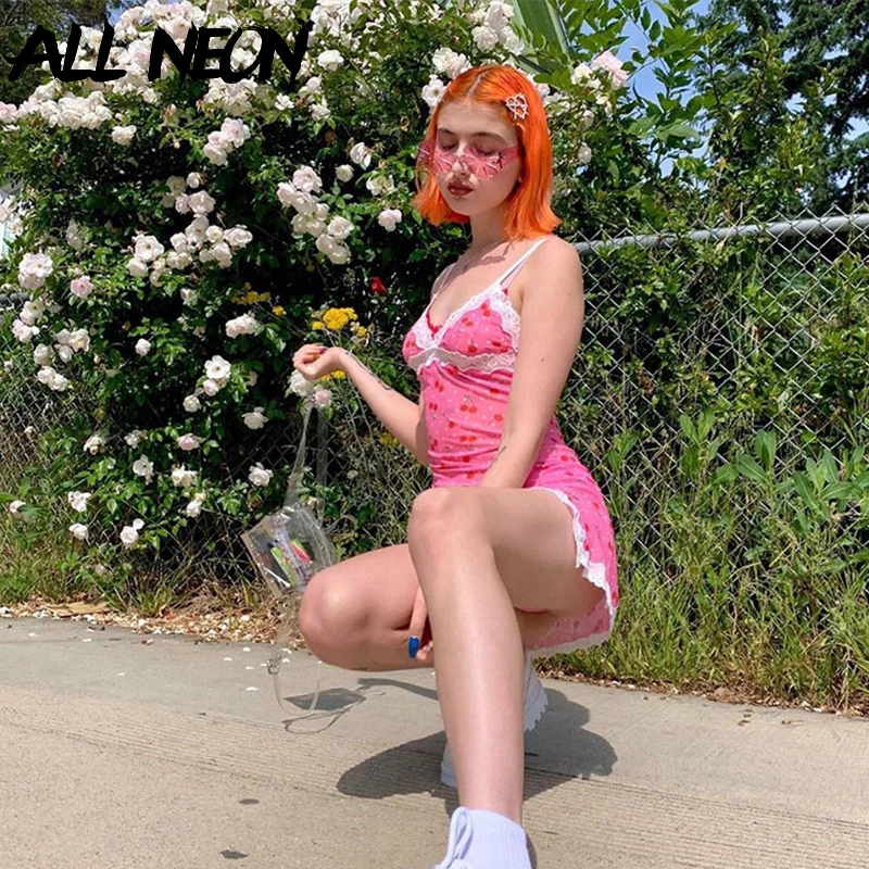 

Sweet Floral Dresses Straped Backless Lace Hem Bodycon Mini Dresses Fashion Spring 2020 Hot Pink Dress E-girl Kawaii Dresses