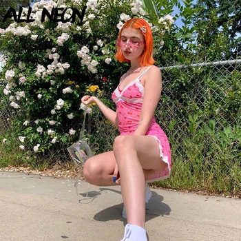 

Sweet Floral Dresses Straped Backless Lace Hem Bodycon Mini Dresses Fashion Spring 2020 Hot Pink Dress E-girl Kawaii Dresses