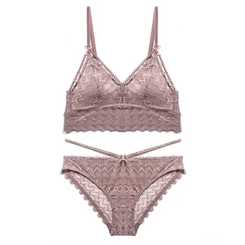 

French Underwear Sexy Lace Bra Set Women's Wire Free Bralette Ultra thin Triangle Soft Cup Bras Romantic Pink Lingerie Sets