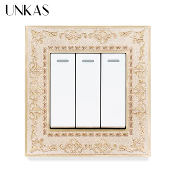

UNKAS 3 Gang 1 Way / 2 Way Wall Light On / Off Switch Grey 4D Embossing Panel Retro Zinc Alloy Luxury Pass Through Gray