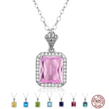 

Classic Rectangle Pink Crystal Pendant Necklace For Women 925 Sterling Silver Cute/Romantic Necklaces Advanced Lady Jewelry Gift