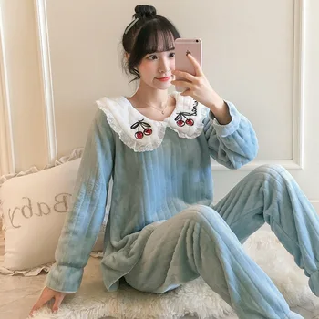 

Flannel Pajamas Women's Spring and Autumn and Winter Thick Coral Fleece Princess Style Korean-Style Sweet Cute Warm Leisure Tops