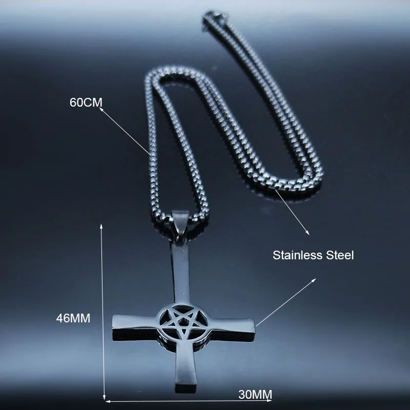 Inverted Cross Occult Pentagram Stainless Steel Chain Necklace for Women Men Black Color Satanic Gothic Satan Necklace Jewelry