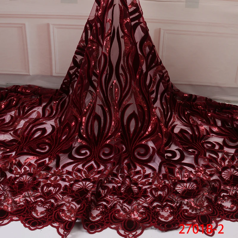 

African Velvet Lace Fabric 2019 High Quality Wine Lace Fabrics with Sequins French Mesh Lace for Party AMY2701B-1