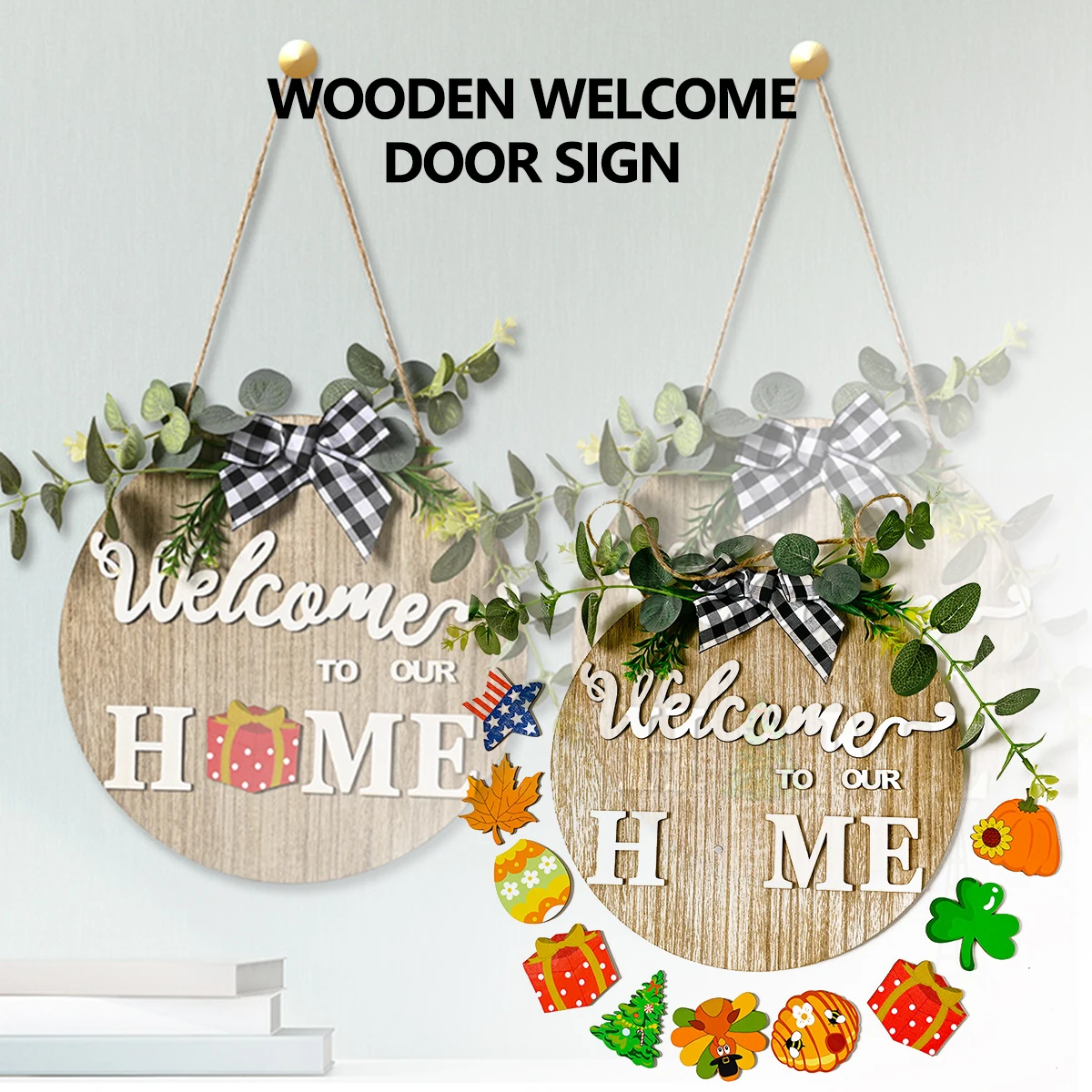 Wooden Door Hanger Seasonal Welcome Sign With Interchangeable Hanging Handmade Ornaments Home Decor | Дом и сад