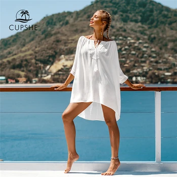 

CUPSHE White Ruched Bikini Cover Up with Drawstring Women Sexy High-low Hem Tunic Beach Dress 2020 Summer Bathing Suit Beachwear