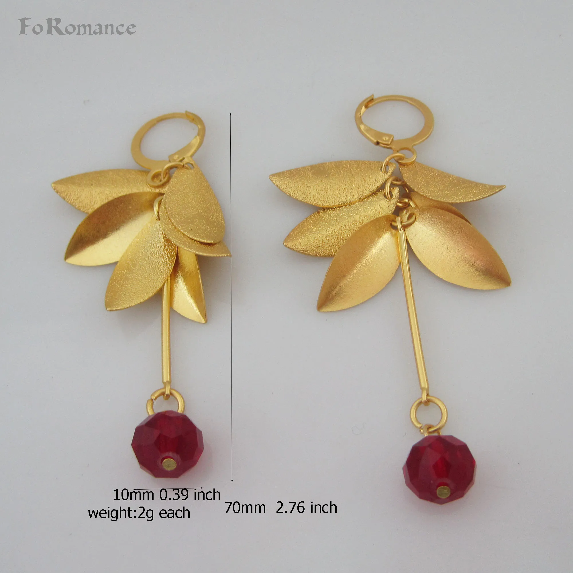 

ORDER 10$ SHIP WITH TRACKING YELLOW GOLD GP FILLED BRASS DANGLE TALL 70MM 2.76INCH LEAF PARTS WITH RED STONE DANGLER EARRING