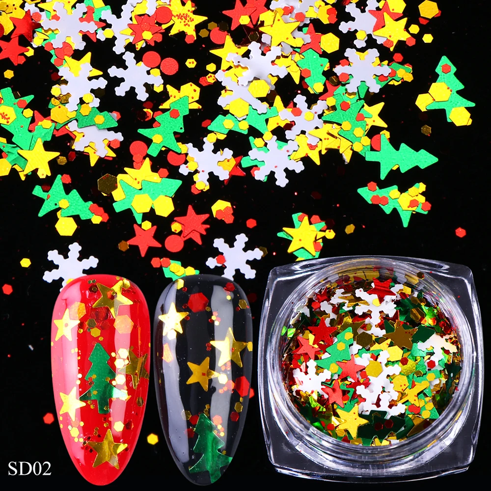 1 коробка новогодний дизайн ногтей украшения лазерные блестки смесь Снежинка шестигранник Рождество 3D хлопья блестка для ногтей SASD01-06