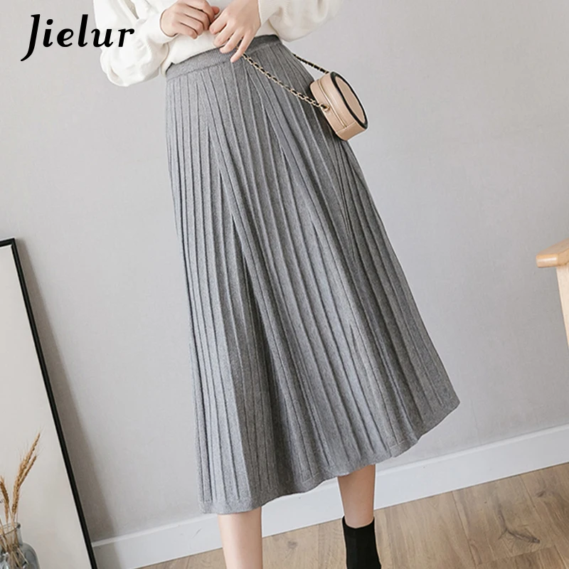Knitted Skirts A-Line Black Chic Womens Jielur Solid Faldas Saia Slim Autumn Stripe Winter