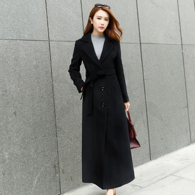 Осенне-зимняя ветровка большого размера, шерстяное пальто, корейское тонкое темпераментное длинное пальто, Высококачественная Женская шерстяная куртка, пальто 5XL - Цвет: black Thicken