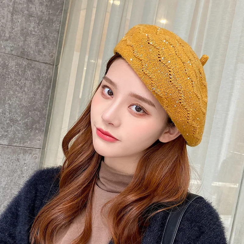 2020 модный вязаный крючком Женский берет с блестками зимняя однотонная тыквенная