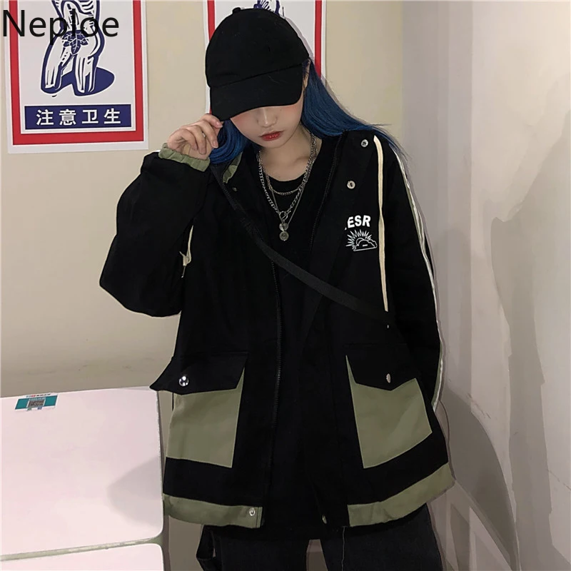 Neploe Korean Ins Harajuku Style Tooling Jacket Women Loose Bf Style Hooded Big Pocket Chaqueta Autumn Patchwork Casual Coat