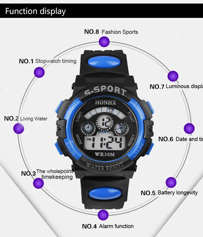 Цифровые детские наручные часы, водонепроницаемые, для детей, для мальчиков, цифровой светодиодный, кварцевый, с будильником, спортивные наручные часы horloge jongens# N03
