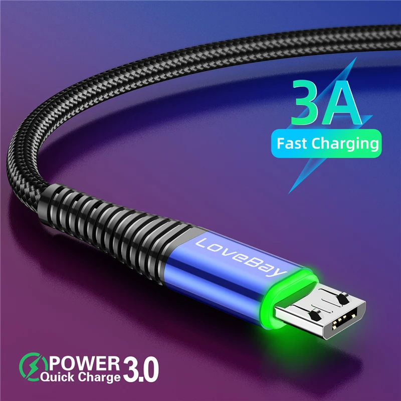 Lovebay LED 2M Micro USB Cable 3A QC 3.0 Quick Charge Wire For iPhone Xiaomi Android Mobile Phone Data Cable Cord Fast Charging