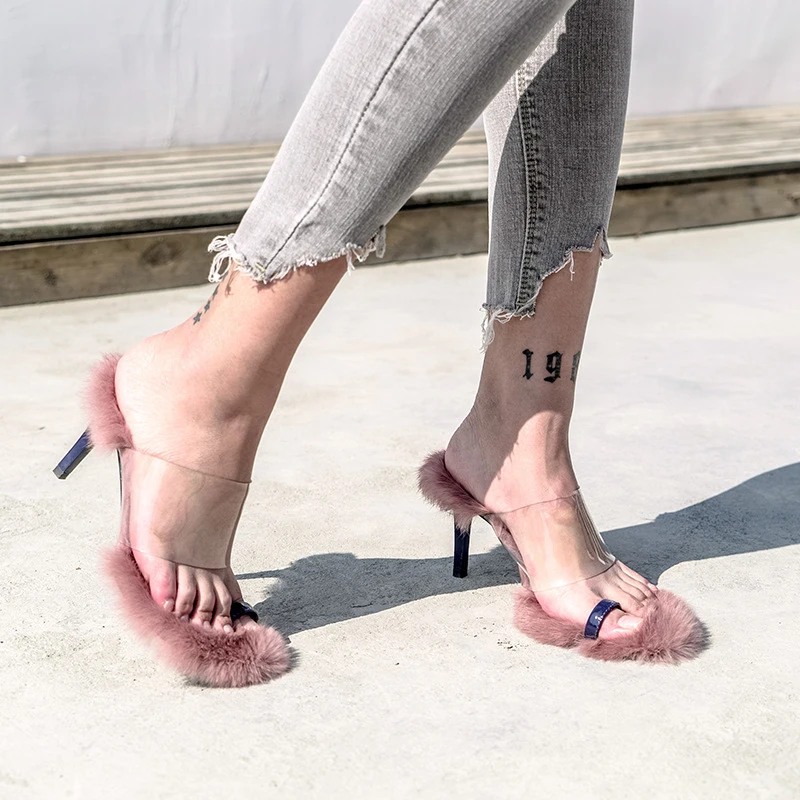 

Feather High Quality Thin High Heels Shoes Women Clip Toe Transparent Real Rabbit Fur Sandals European Brand Flip Flops Sandals