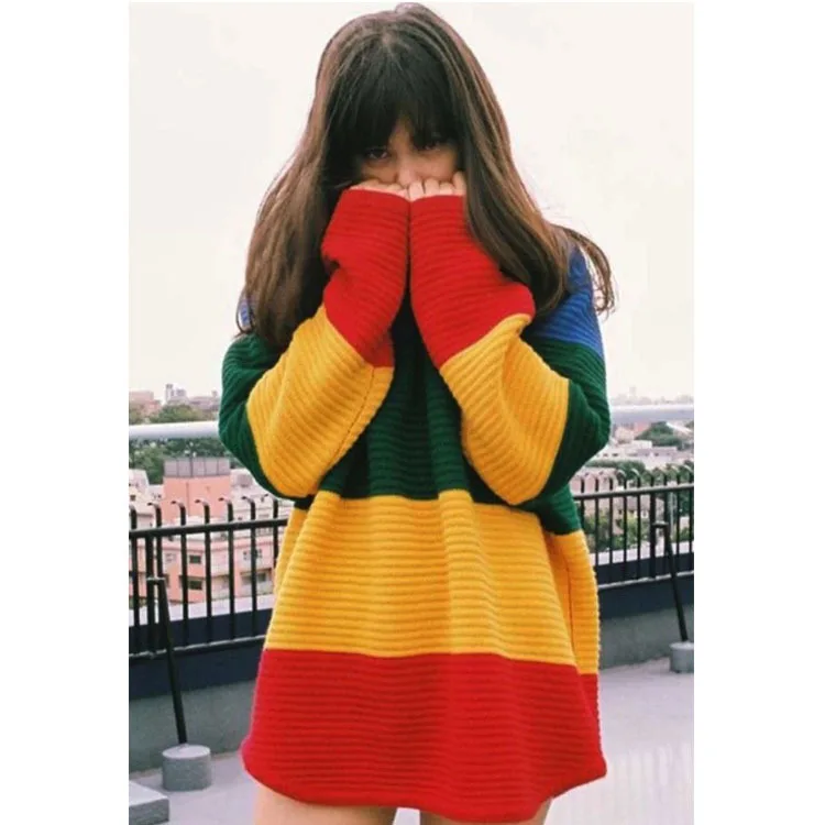 

Large size loose head in the long stripe half-high collar women's sweater rainbow contrast color autumn and winter sweet sweater