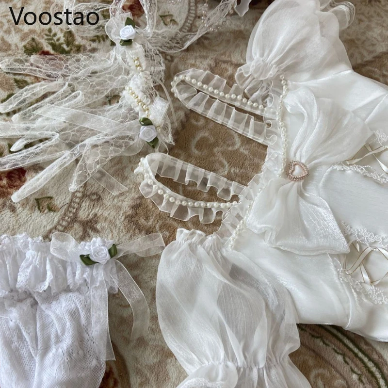 Sweet Lolita Princess Dress Women Cute White Bowknot Lace Ruffles Flowers Wedding Dresses Girly Kawaii Tulle Party Fairy Dress Lolita Dress Lolita Suspender Dress Lolita Cosplay Costumes Suspender Dress