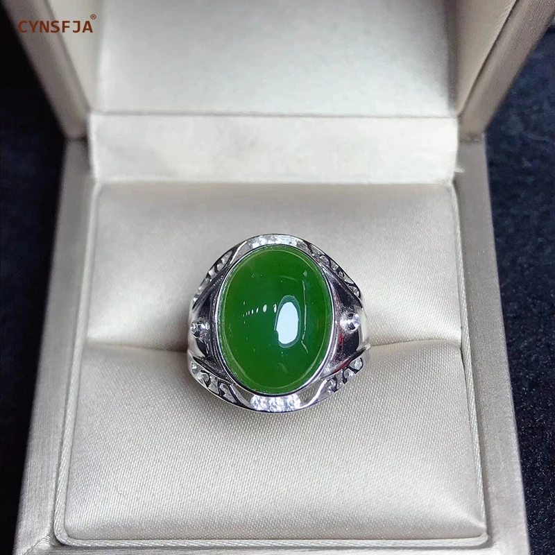 CYNSFJA настоящий Сертифицированный натуральный Хотан Jade Jasper инкрустированный 925 пробы Серебряный Мужской Амулет зеленый нефрит кольца регулируемые лучшие подарки