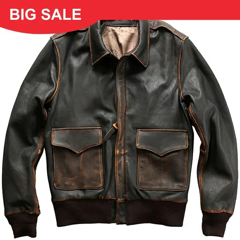 

2020 Vintage Brown Men USAF A2 Pilot Leather Jacket Map Lining Genuine Sheepskin Autumn Military Aviator Slim Fit Leather Coat