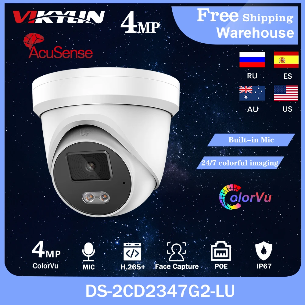 Hikvision OEM 4MP DS-2CD2347G2-LU IP Camera ColorVu AcuSense Network Turret POE Built-in Microphone Face Capture SD Card IP67 |