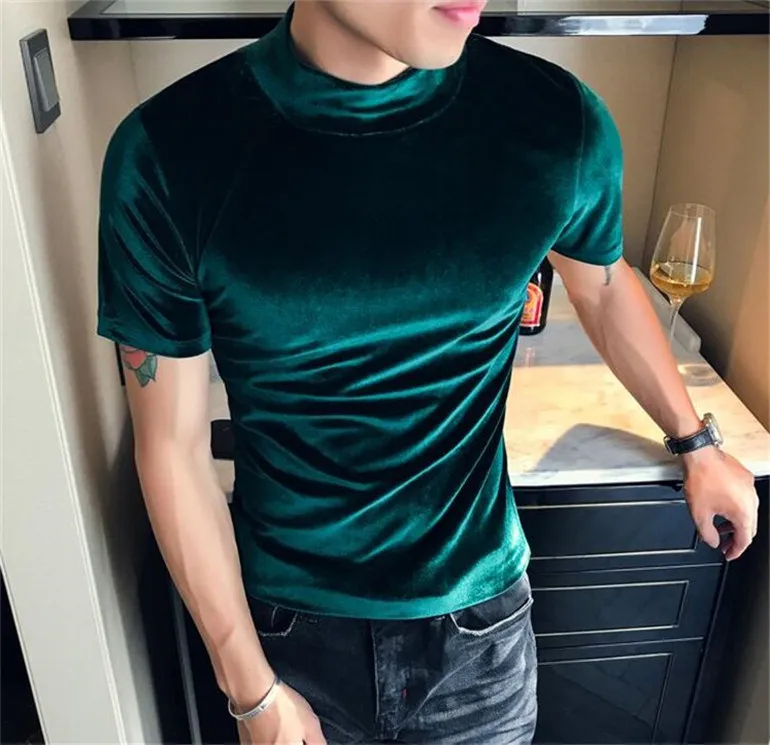 Бренд 7 цветов мужская Велюровая футболка с коротким рукавом фитнес-платье с открытыми плечами большой размер водолазка бархатная футболка для мужчин M-5XL 6XL 7XL