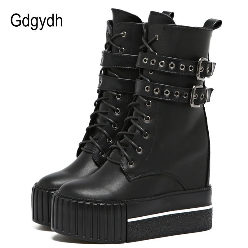 Gdgydh Round Toe Women Ankle Boots Autumn Platform Lacing Rivet Short Boots Female Soft Leather Boots Wedges 12cm Plus Size