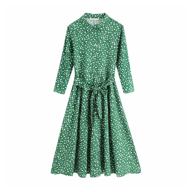 

Elegant Green Print Bow Tie Sashes Midi Dress Women 2019 style Lapel Collar Three Quarter Sleeve Shirt Dresses blusas femininas