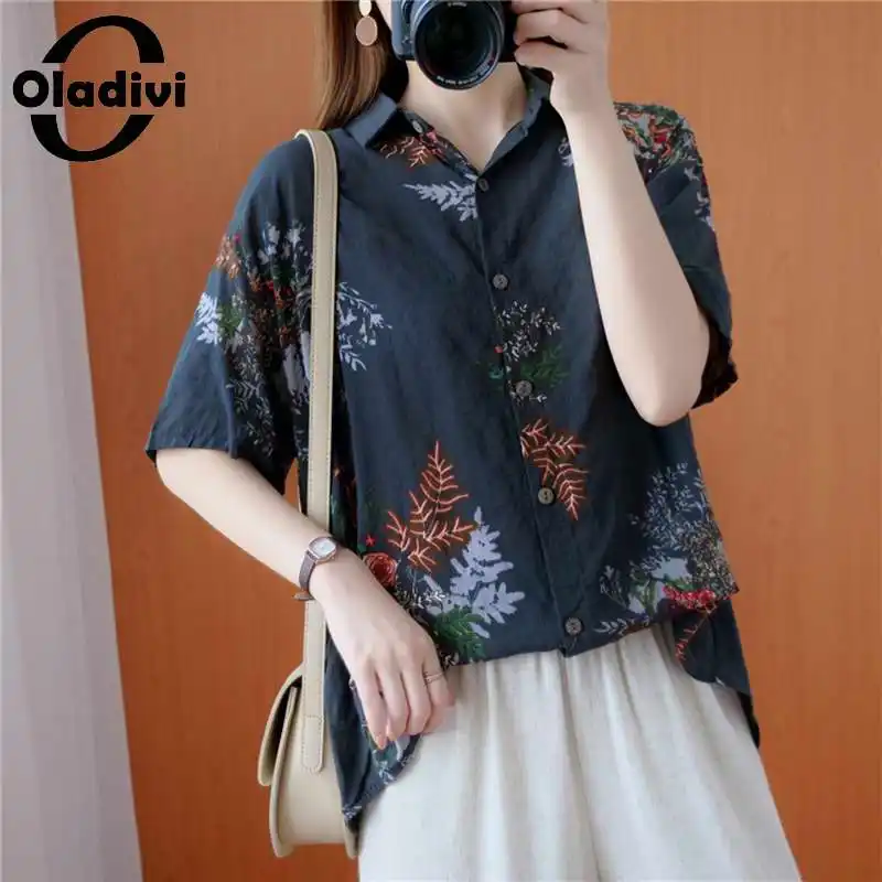Shirt Tee-Tunic Oladivi Blouses Plus-Size Women Summer Print Cotton Linen Short-Sleeve