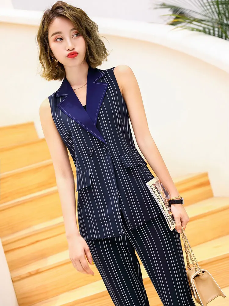 blue vest and pant IZICFLY Летний Стиль полосатая куртка без рукавов женские костюмы со штанами и блейзером Тонкий деловой офисный жилет Женская рабочая одежда - Цвет: blue vest and pant