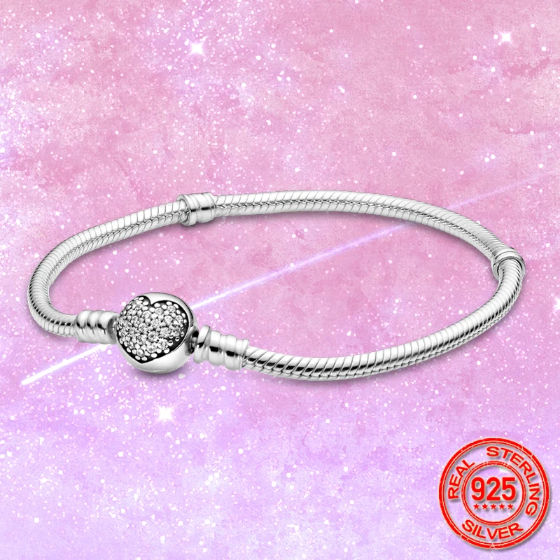 

2020 New Hot Sale 925 Sterling Silver Sparkling Heart Clasp Snake Chain Bracelet For Women For Original DIY Charm Beads