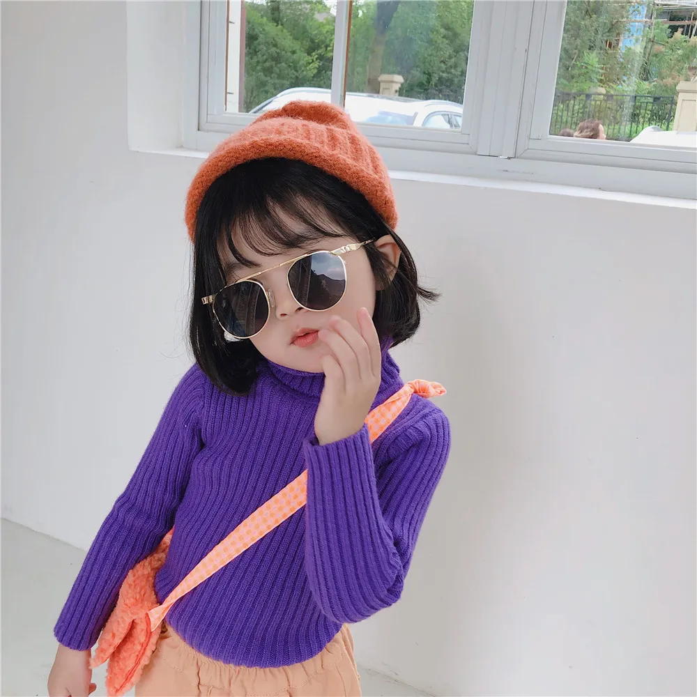 Purple Г. Осень-зима, Новое поступление, корейский стиль, модный универсальный Однотонный свитер, пуловер милые топы с воротником под горло для маленьких девочек и мальчиков - Color: Purple
