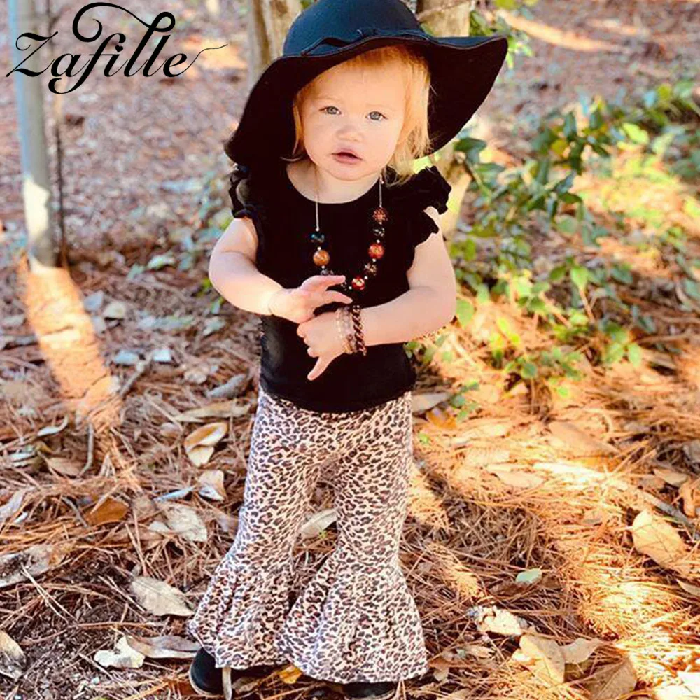 

ZAFILLE Baby Girl Clothes Set 2Pcs Solid Flutter Sleeve Top+Leopard Bell-Bottom Trousers Outfit For Baby Girl Toddler Kids Suit