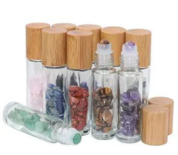 

100pcs*10ml Roll On Bottle For Essential Oils with Bamboo lids,Clear Glass Roller Bottles With Crystal Gemstone Roller Balls Top