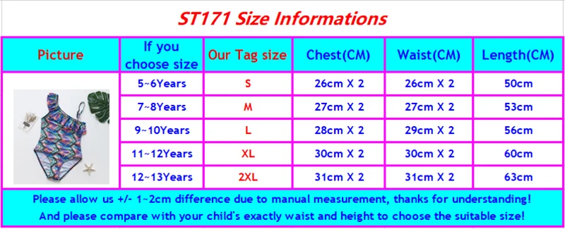 ST171 girls swimwear size chart