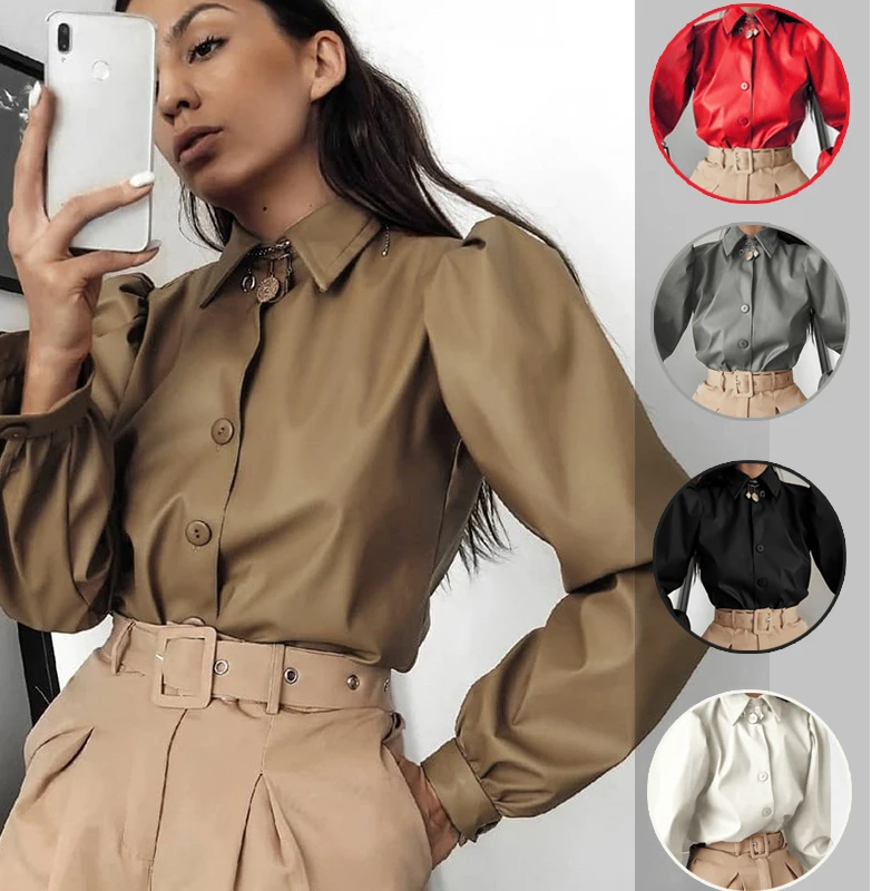 

Fashion Women'sLong Sleeve Puff Sleeve Slim Fit Lapels Matte Leather Shirt Punk Shirt Cool Jacket