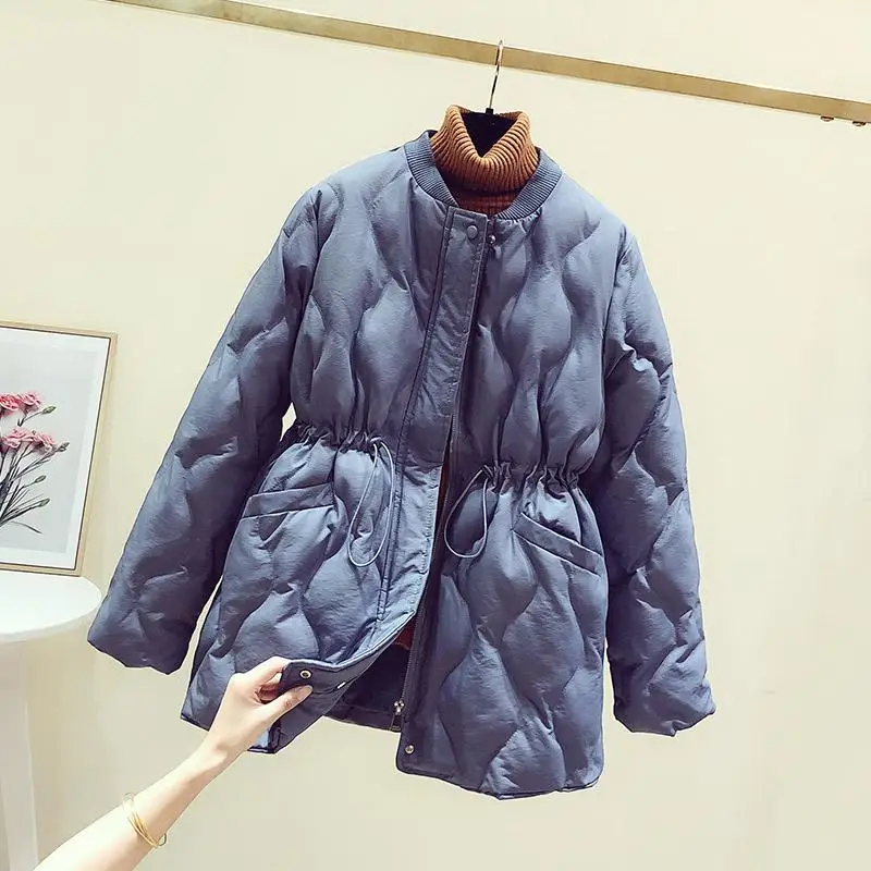 Fitaylor новые зимние куртки с хлопковой подкладкой Argyle Parkas женские тонкие пальто куртка женская Повседневная Верхняя одежда с поясом - Цвет: Синий