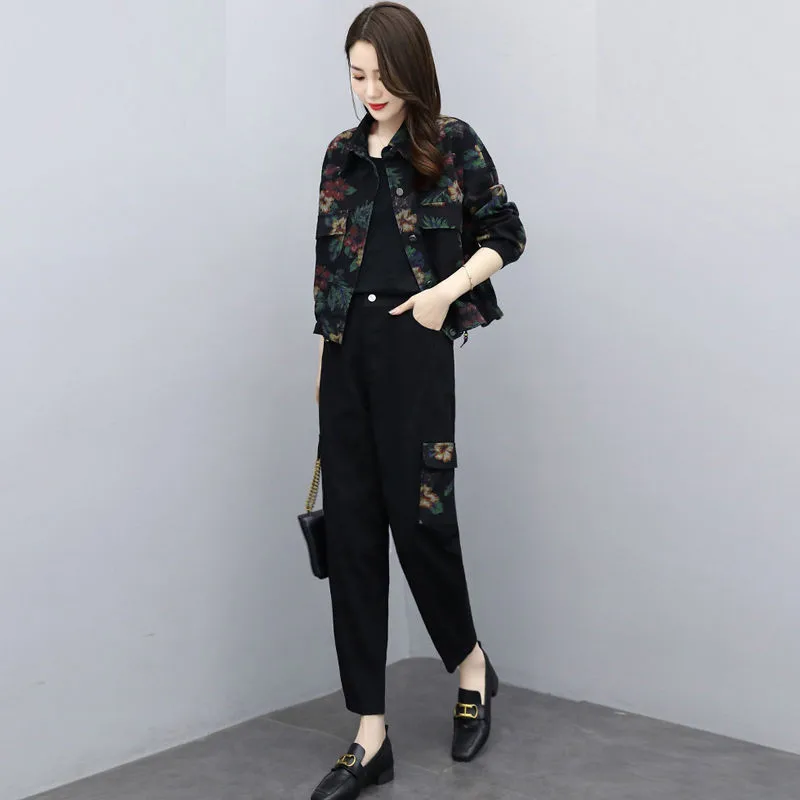 Pant Jeans Suit 2021 Spring New Women Casual Fashion High-End Ladies Denim Jacket+Harem Pants New Two-Piece Suit Female Print korean high waist harem jeans pants new plus size 2xl casual denim pants ladies office work ankle length pants loose mom pants