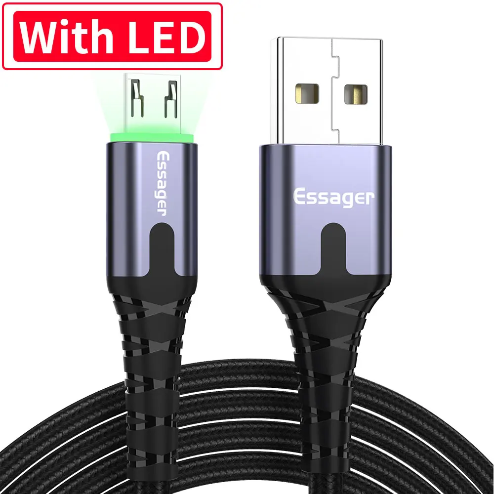 Essager светодиодный Micro USB кабель 2.4A Быстрая зарядка для samsung Xiaomi Android мобильный телефон Microusb кабель для передачи данных 2 м USB зарядное устройство Шнур - Цвет: With LED Dark Grey