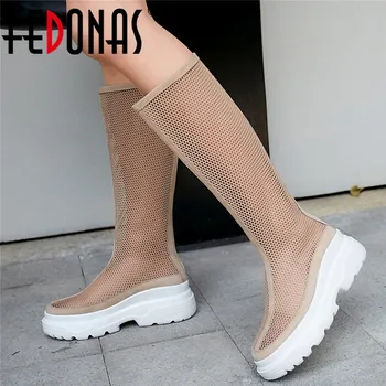 

FEDONAS Summer Hollow Mesh Women Knee High Boots Fashion Female Round Toe Long Platform Boots Zipper Party Casual Shoes Woman