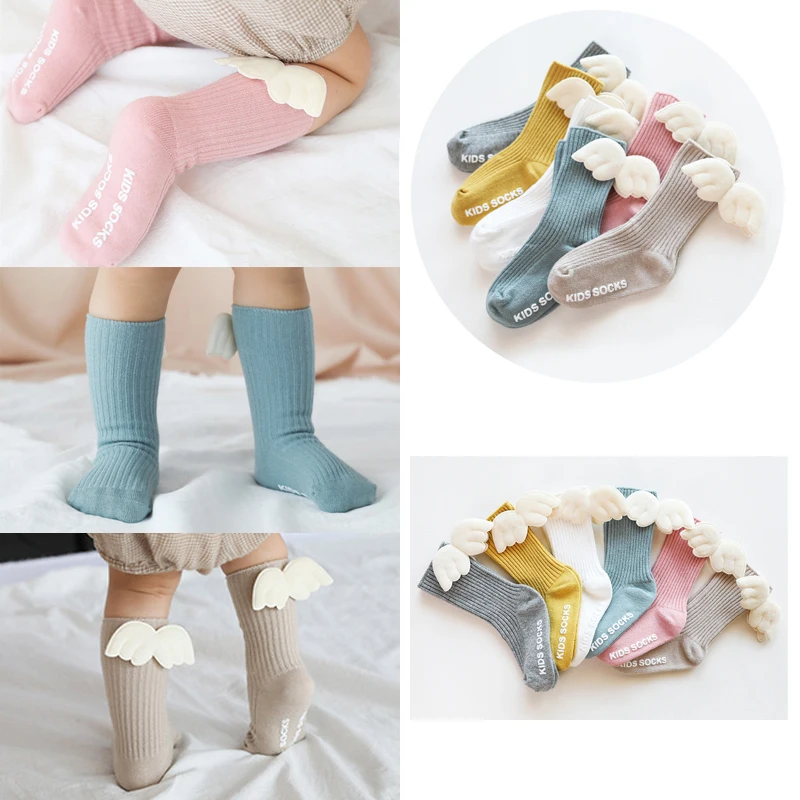 Модные повседневные длинные хлопковые носки для маленьких девочек до колена с крылышками для детей 0-5 лет