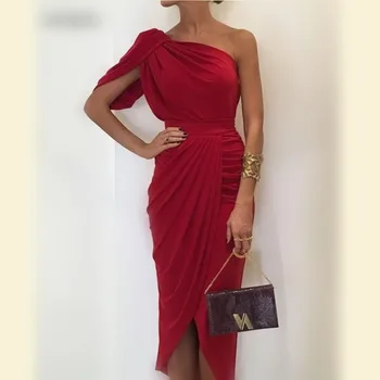 

Dark Red Mermaid Mother Of The Bride Dresses One Shoulder Chiffon Sheath Prom Dress Cheap High Low Women Party Vestidos