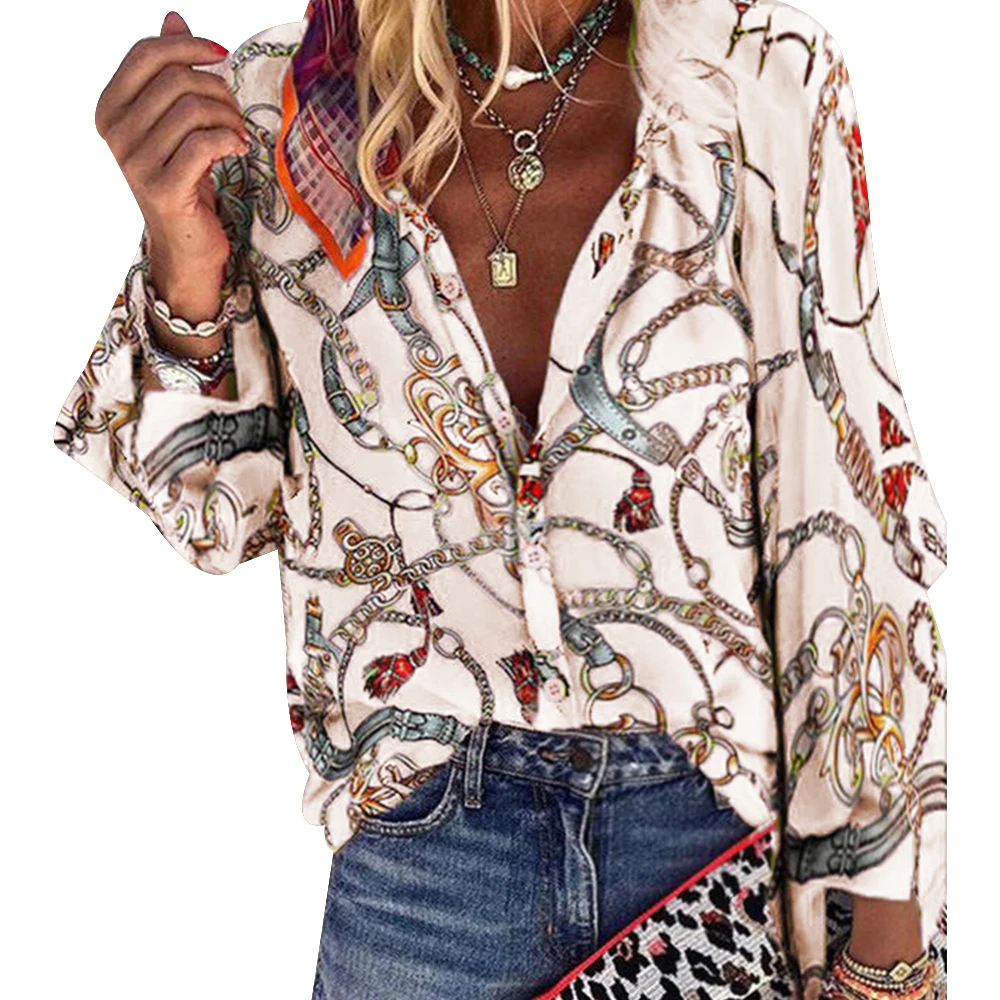 

Boho Blouses Women Casual Chain Print Shirt V Neck Sexy Autumn Fshion Femme Blouses Plus Size Button Long Sleeve Loose D30