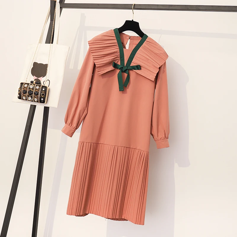 

M-4XL Plus Size Women Pink Sweet Dress Autumn 2019 Fashion Bow Ruffle Collar Long Sleeve Loose Casual Pleated Cute Dresses
