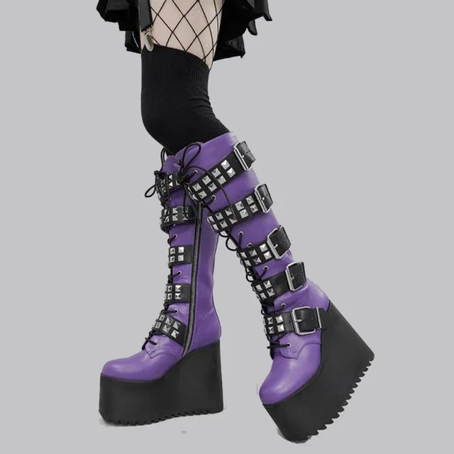 Purple Knee High Platform Boots | Metal Zipper Wedge Heel Boot - Ladies  Fashion Lace - Aliexpress
