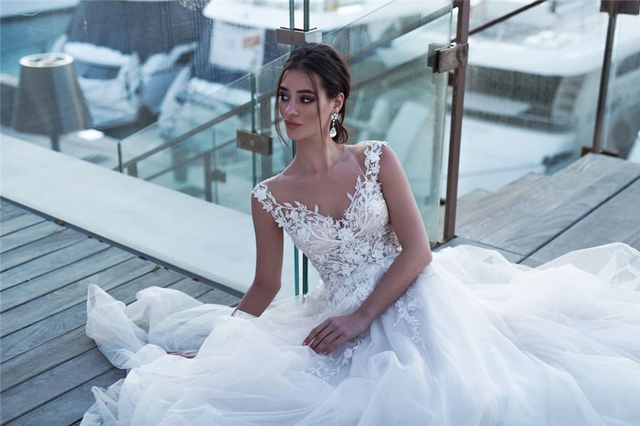 Noivas vestidos de noiva свадебное платье, тонкое кружево, прозрачный топ, а-силуэт, свадебное платье с кристаллами, свадебное платье